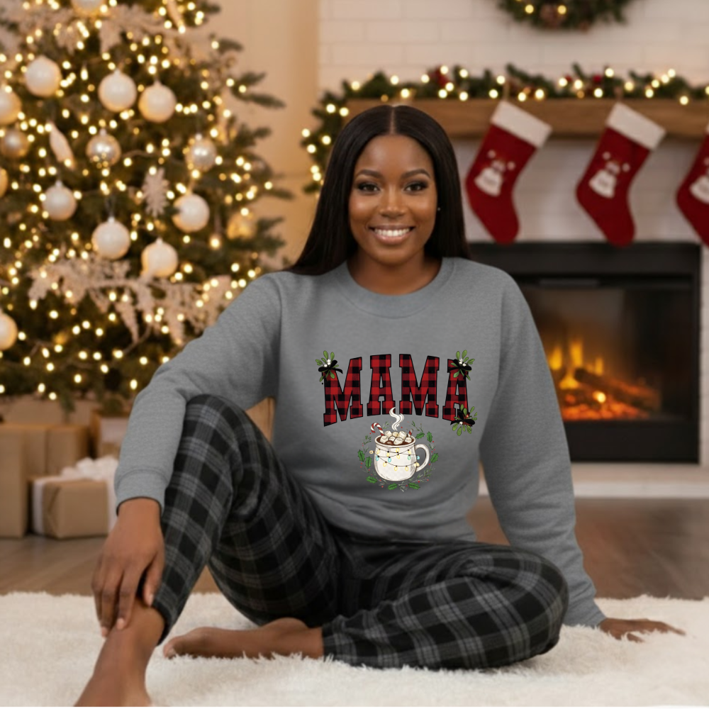 Plaid "Mama" & Hot Cocoa Cozy Christmas Crewneck Sweatshirt