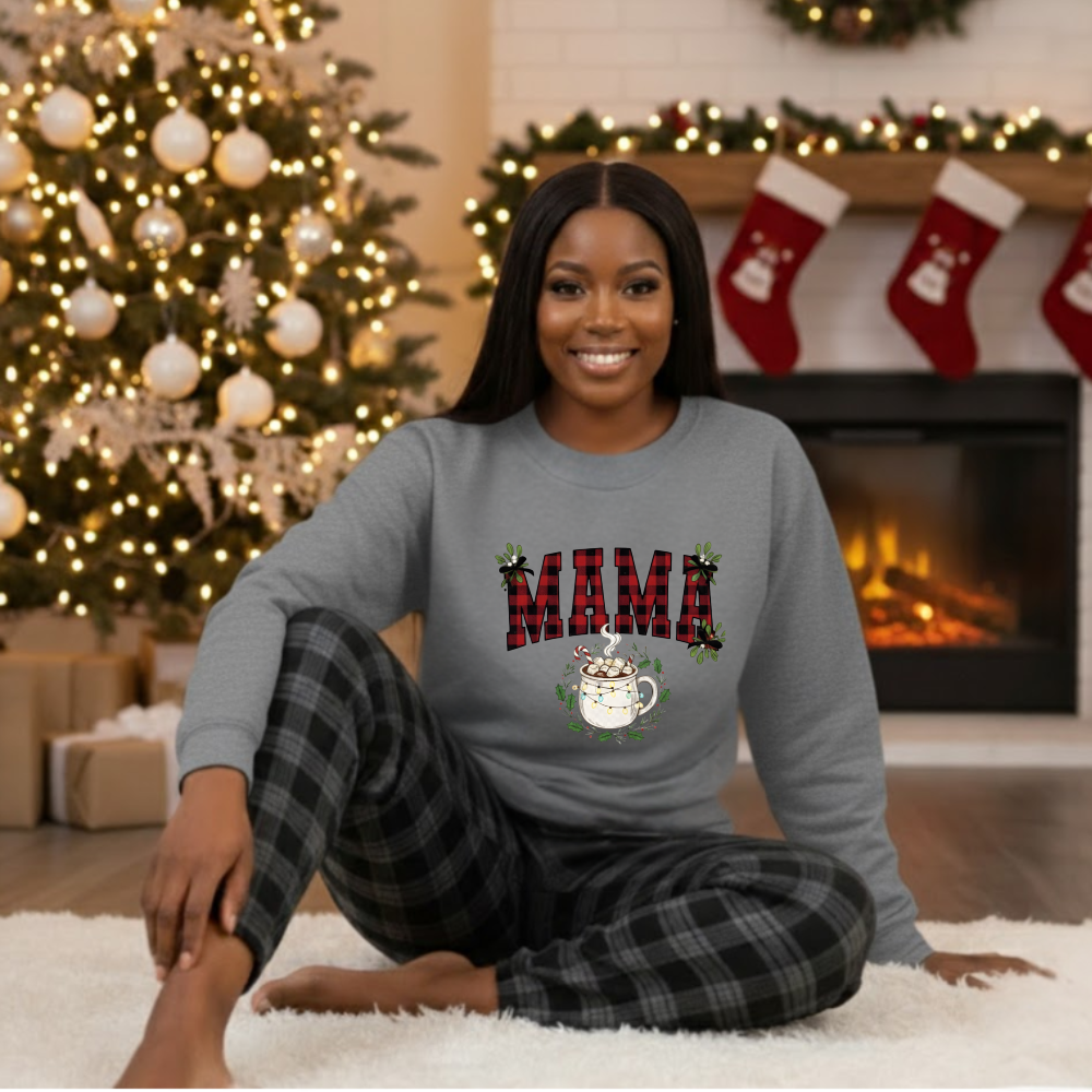 Plaid "Mama" & Hot Cocoa Cozy Christmas Crewneck Sweatshirt