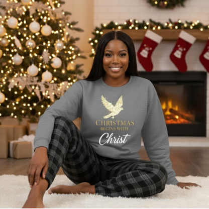 Christmas Begins with Christ Unisex Crewneck Sweatshirt | Cozy Faith Holiday Pullover (Gildan 18000)