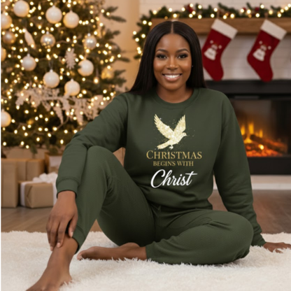 Christmas Begins with Christ Unisex Crewneck Sweatshirt | Cozy Faith Holiday Pullover (Gildan 18000)