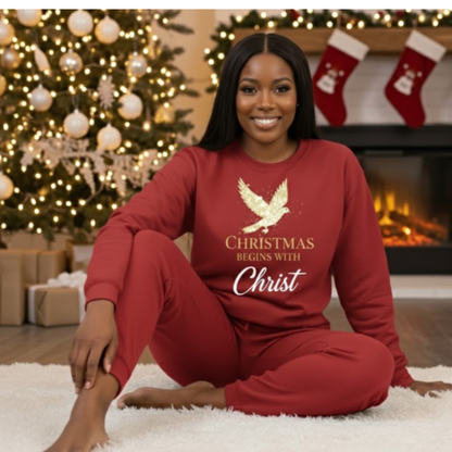 Christmas Begins with Christ Unisex Crewneck Sweatshirt | Cozy Faith Holiday Pullover (Gildan 18000)
