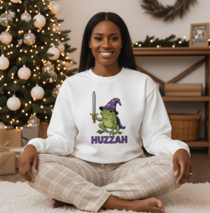 Huzzah Frog Wizard Sweatshirt - Cute Wizard Frog with Sword - Heavy Blend Crewneck