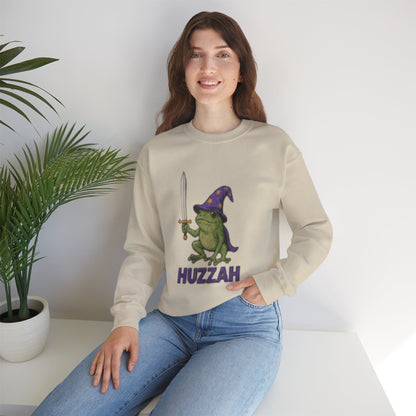 Huzzah Frog Wizard Sweatshirt - Cute Wizard Frog with Sword - Heavy Blend Crewneck