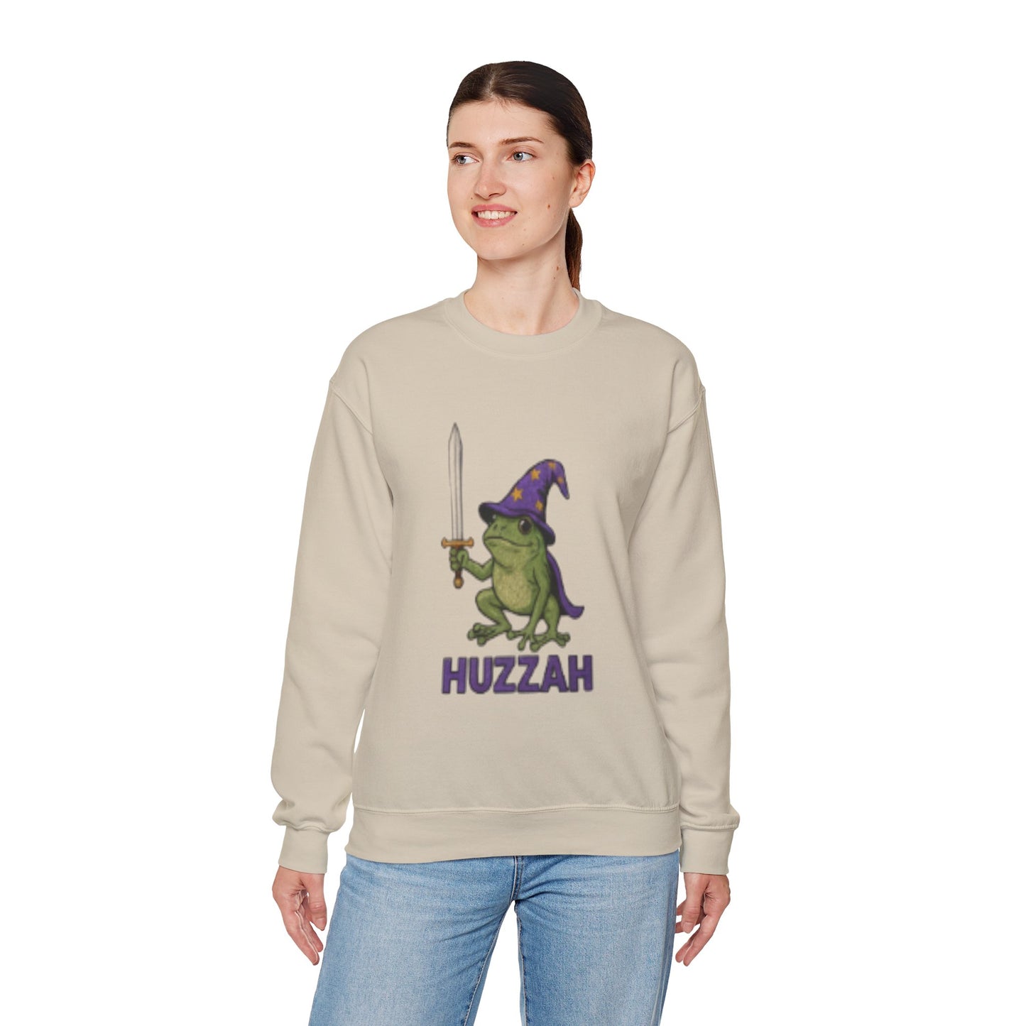 Huzzah Frog Wizard Sweatshirt - Cute Wizard Frog with Sword - Heavy Blend Crewneck